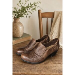 Brown Leather Pleated Comfort Heels Loafers Chunky Heel Women's Size 10
